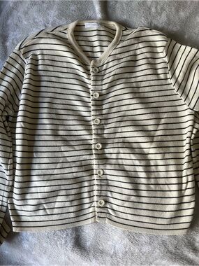 Joan Vass Cream and Black Striped Knit Cardigan Sweater